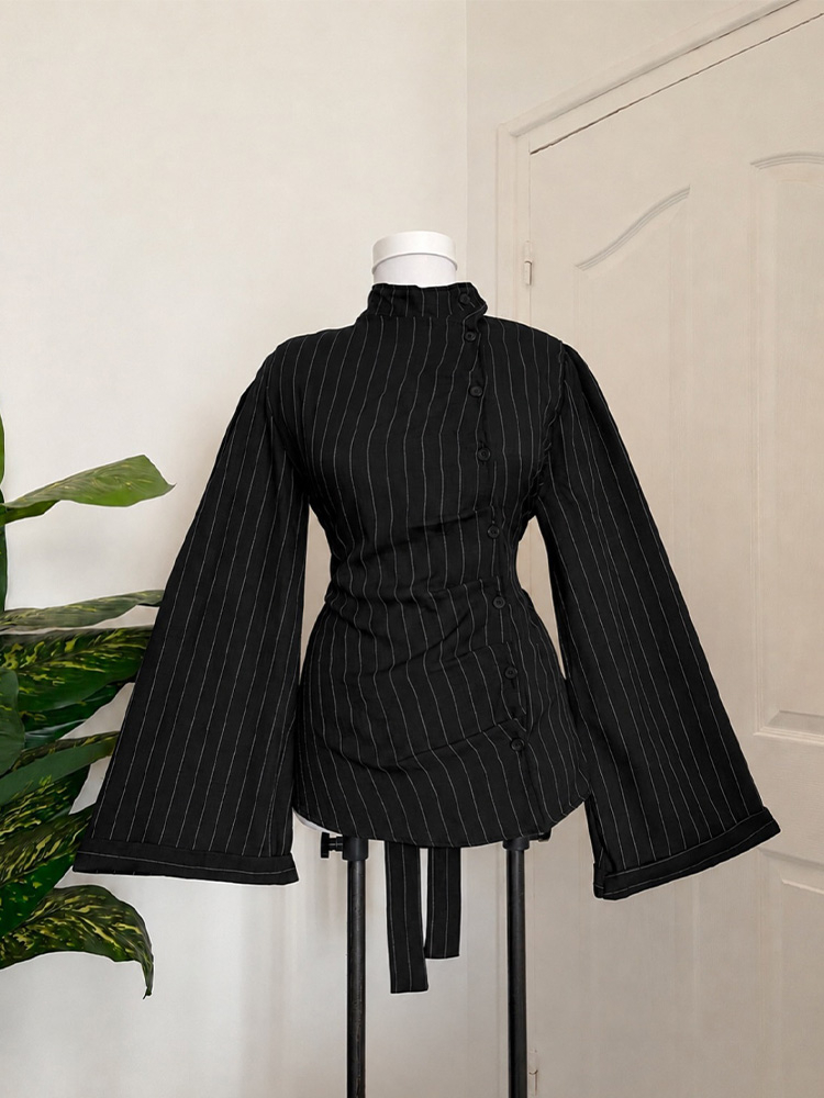 Women Fashion Necktie - 여성용 긴팔 상의, 세로 스트라이프 패턴,