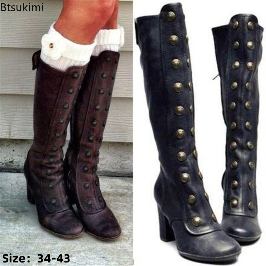 Women'S Fashion Knee High Boots - 레트로 블랙 패션 리벳 장식 부츠