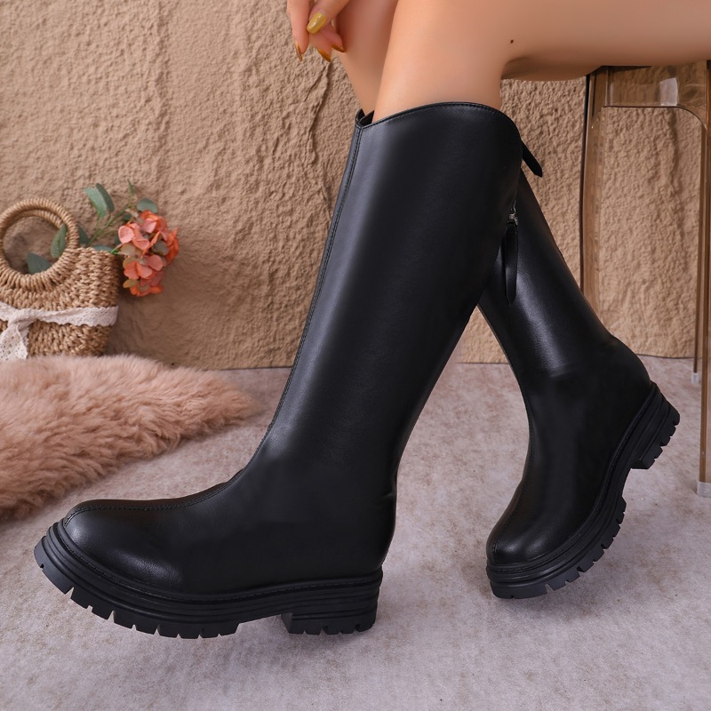 Women'S Fashion Knee High Boots - 청키 플랫폼 블랙 니하이 부츠 여성