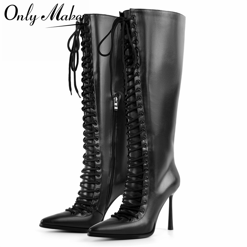 Women'S Fashion Knee High Boots - Onlymaker 뾰족한 발가락 레이스업 인조 가죽