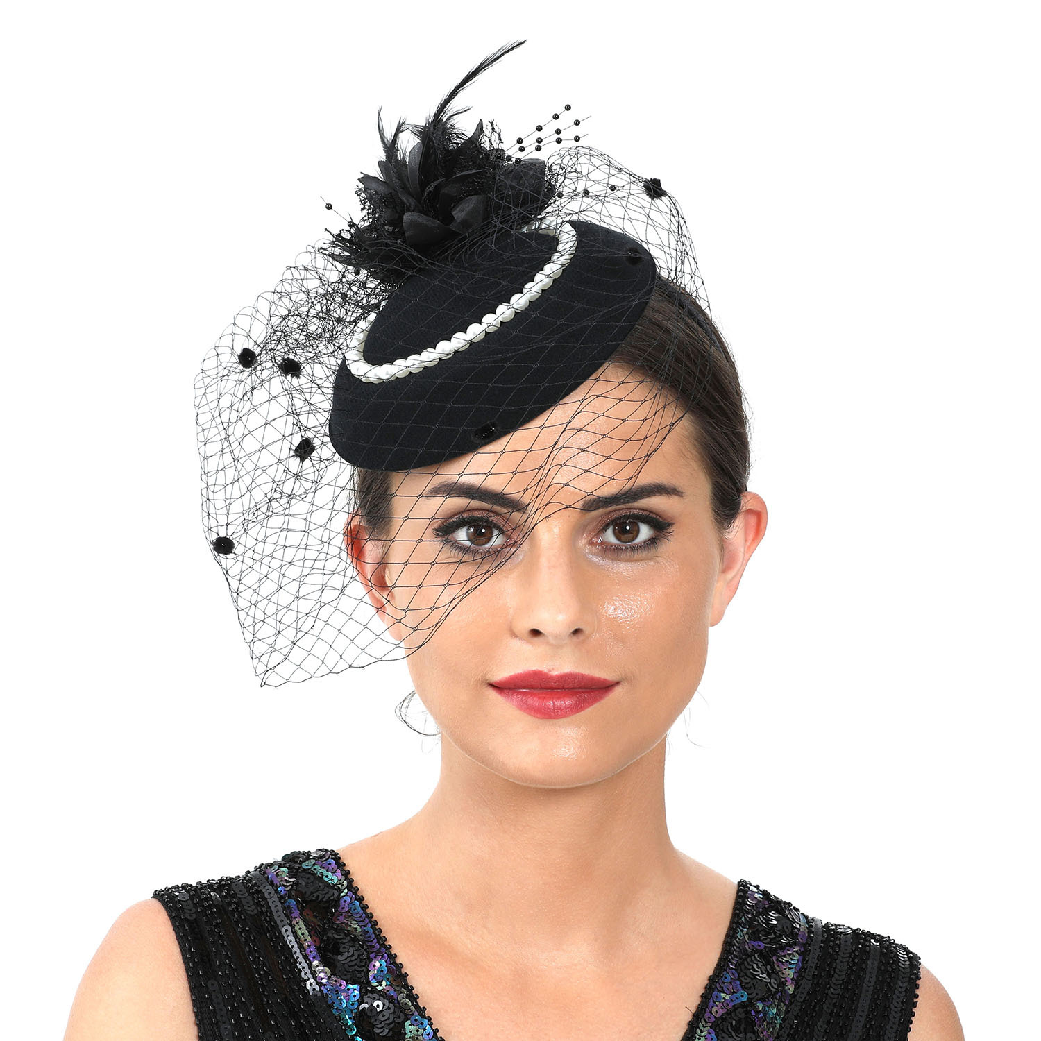 Women'S Fashion Kentucky Derby - 여성용 깃털 장식 모자, 베일과 진주가