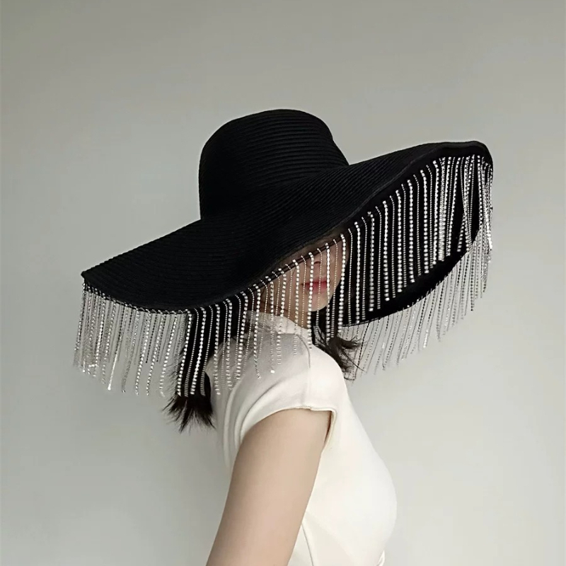 라인스톤 장식의 넓은 챙이 달린 밀짚 모자, 여성용 고 - Women Fashion Photoshoot 리뷰 및 가격
