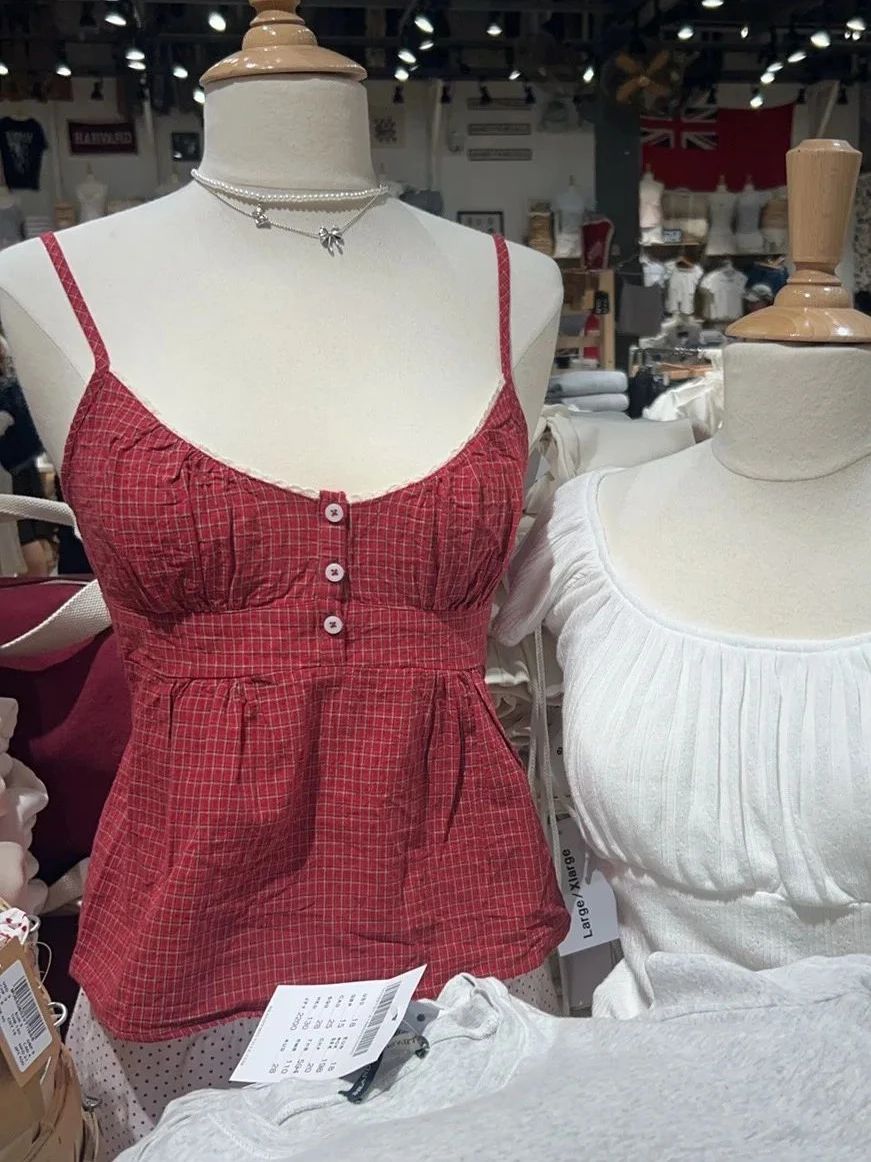 붉은 격자 무늬 버튼 탱크 반바지 세트 여성 뒤로 레이 - Lace Trim Cami 리뷰 및 가격