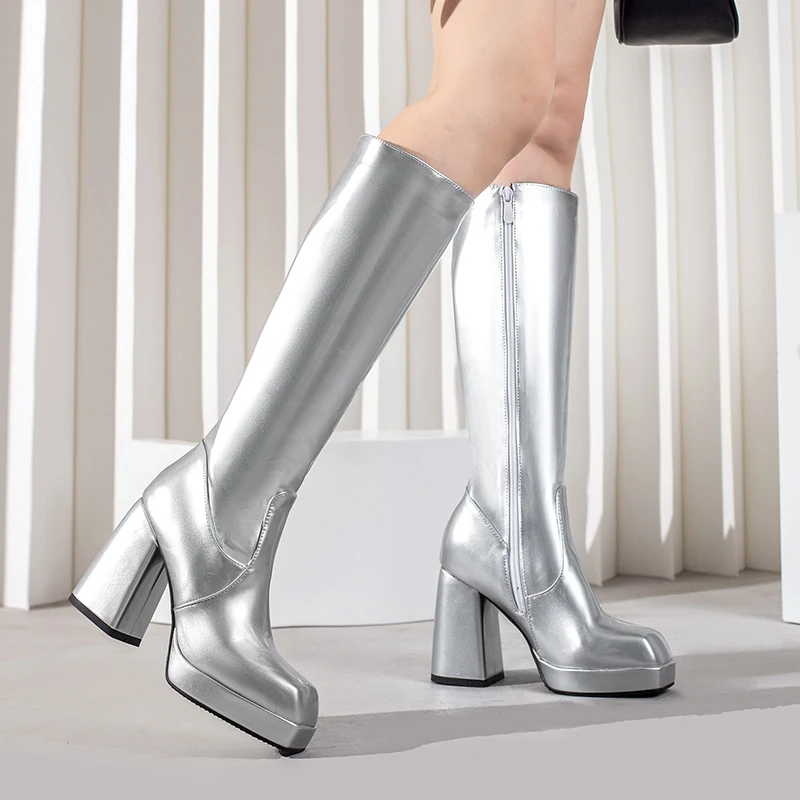 여성용 플랫폼 무릎 높이 부츠, 레드 특허 가죽 블록  - Women'S Fashion Knee High Boots 리뷰 및 가격