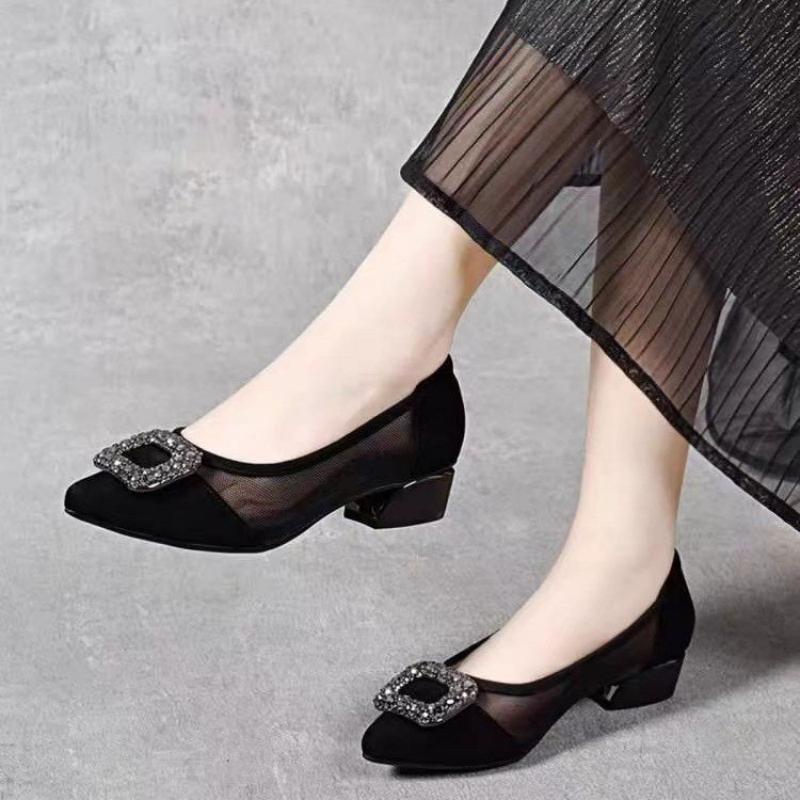우아한 포인티드 토 메쉬 블록 힐 펌프스, 라인스톤 사 - Women'S Fashion Shoes 리뷰 및 가격