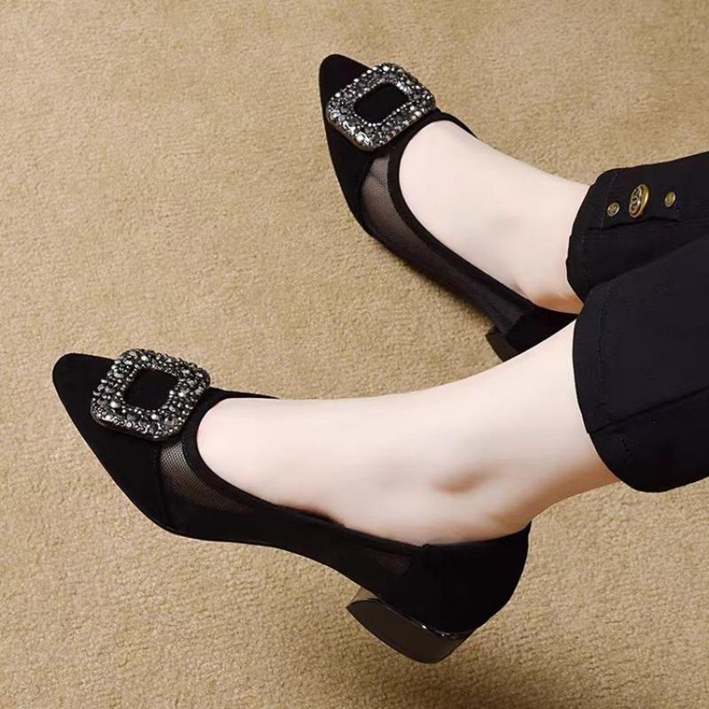 우아한 포인티드 토 메쉬 블록 힐 펌프스, 라인스톤 사 - Women'S Fashion Shoes 리뷰 및 가격